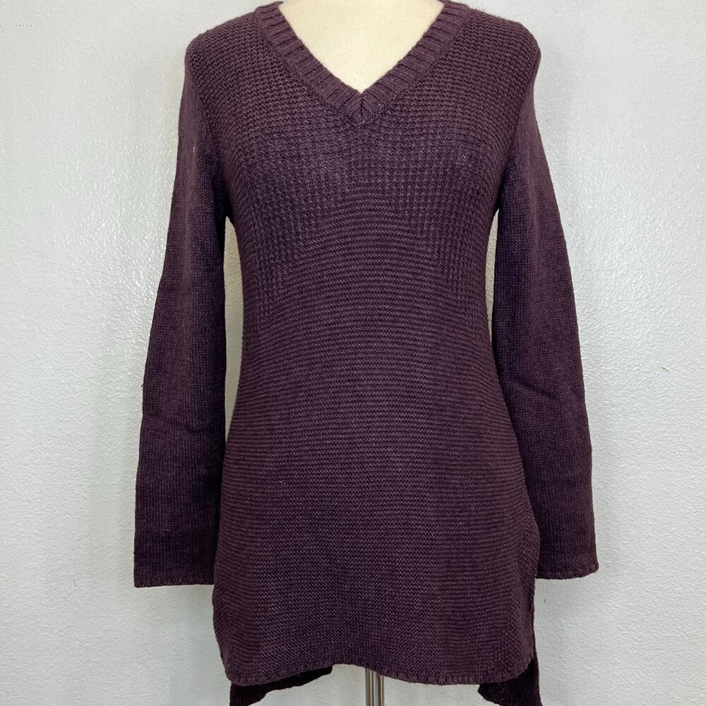 Prana Cable Knit Deedra Tunic Sweater V-Neck Long Sleeve Purple Hi-Low Women's S